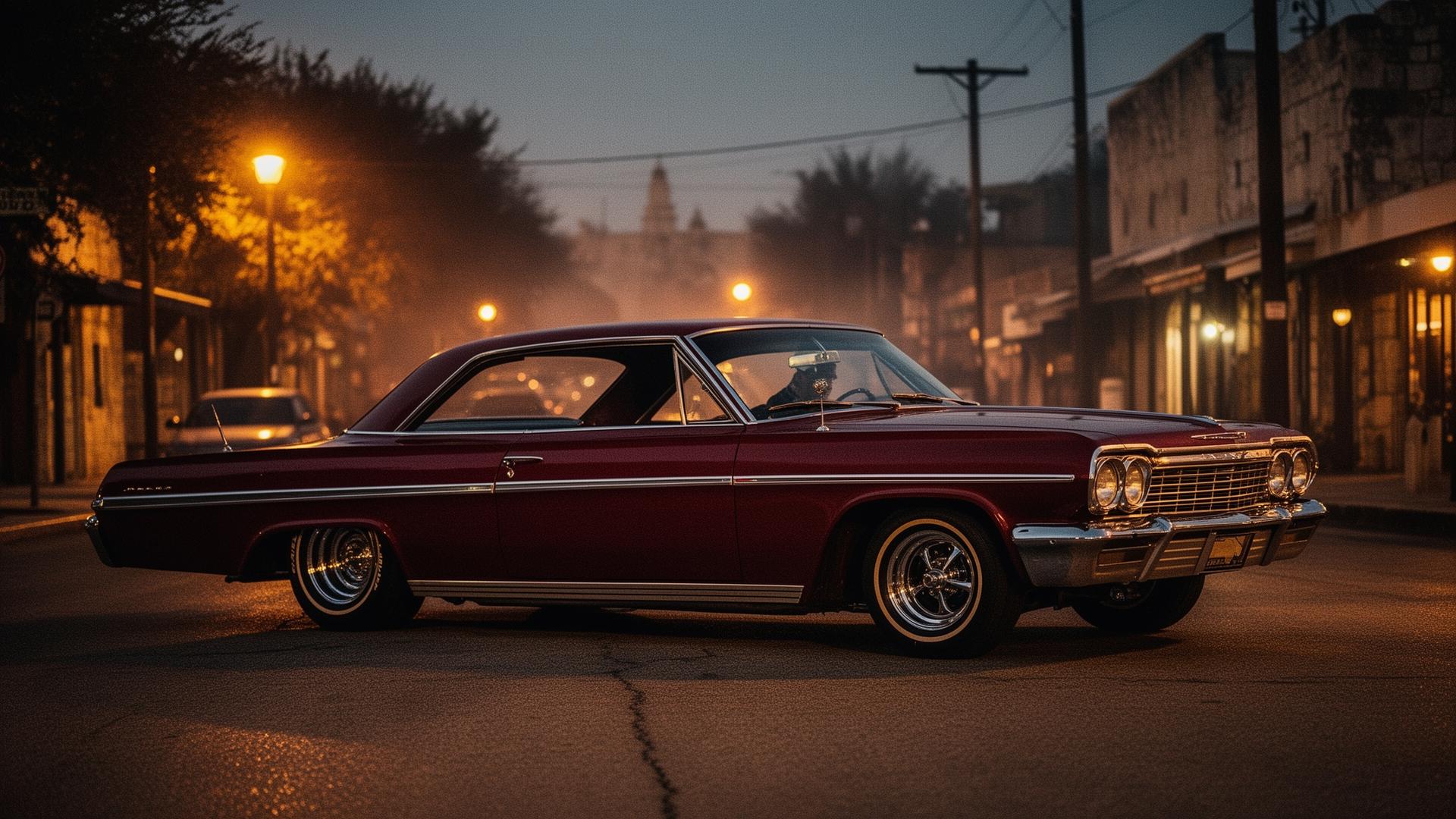 Vintage lowrider cruising at dusk in San Antonio